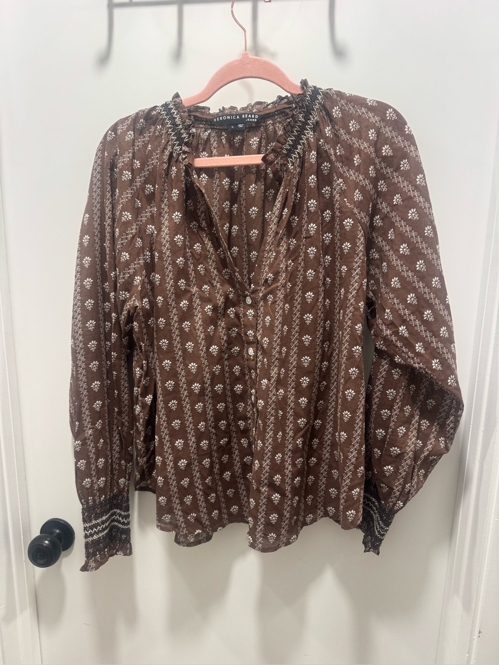 Veronica Beard Brown Printed Smocked-Neck Peasant Blouse